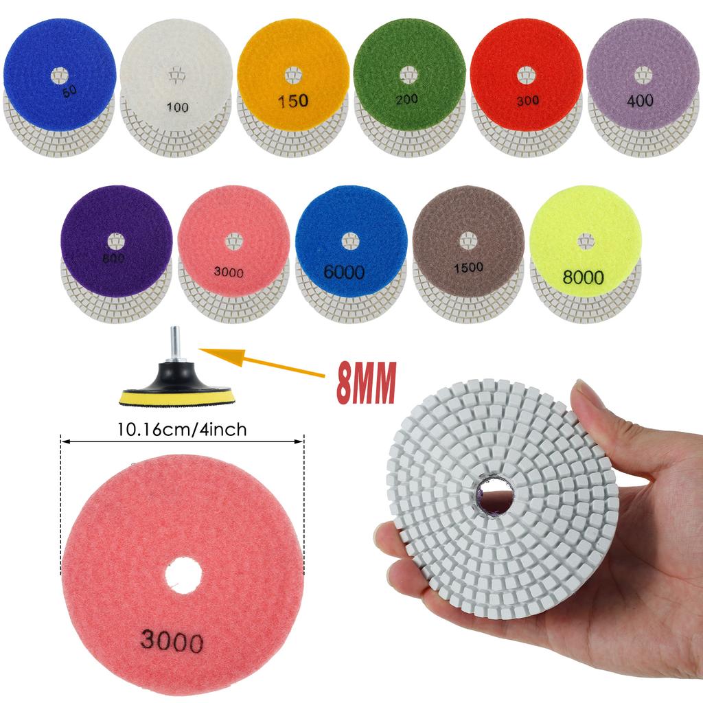10-16pcs 4 inch Diamond Polishing Pads Kit Wet/Dry Buff Disc Abrasive Grinding Discs Set for Granite Concrete Glass Polishing