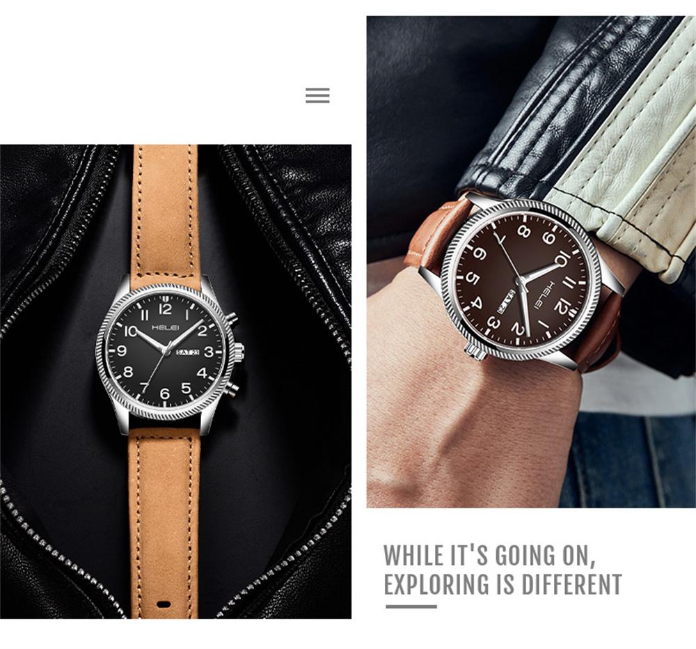 HELEI Sport Men Watch Top Brand Luxury Military Waterproof Male Clock Quartz Business Original Leather Wristwatch Gift 9007AL