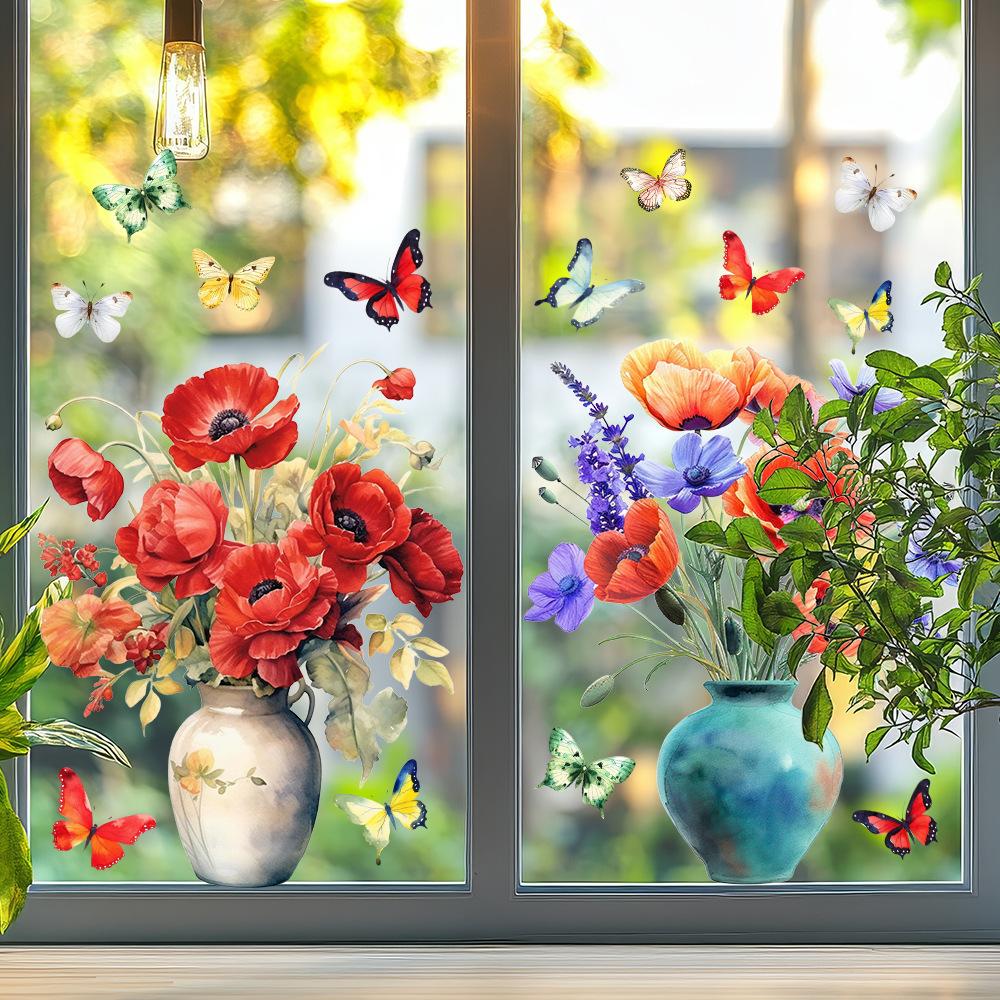 3D Stereoscopic, Butterfly, Flower, Vase Glass Sticker, Living Room Window Sticker, Removable, Electrostatic Sticker, Coffee Shop Decoration