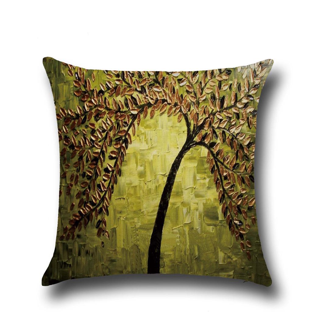 Three-dimensional Oil Painting Trees Flowers Cotton Linen Cushion Pillow Case Car Waist Cushion Cover