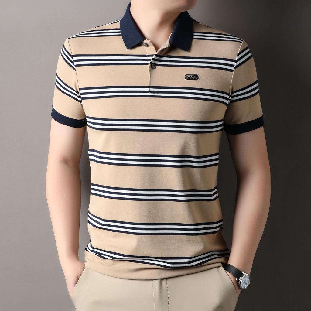 Striped Polo Shirt Men'S Short-Sleeved Lapel Neck Loose Pullover High-End Breathable Non-Ironing Bottoming Shirt