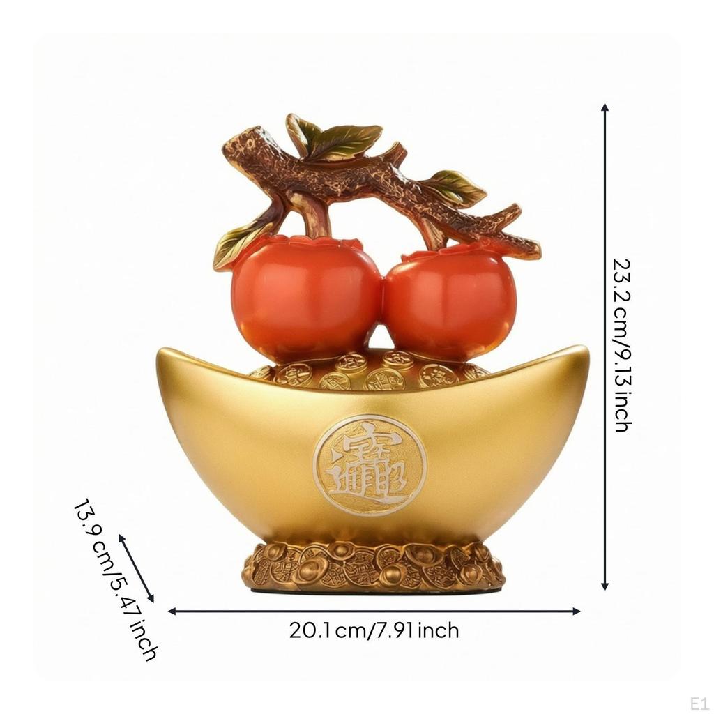 Gold Ingot Bowl with Persimmons Prosperity Statue Wealth for Entryway