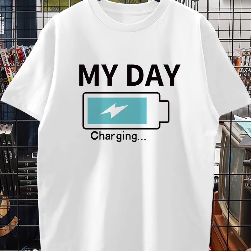 

Battery Icon Print T-Shirt,Soft Breathable & Fade-Resistant, Classic Fit for Daily Casual Wear S