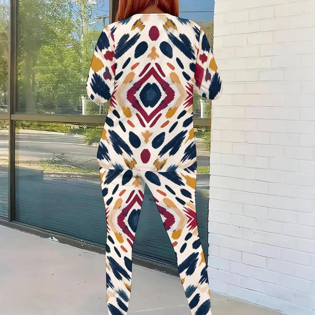 Women Plus Size Two Piece Set Round Neck Long Sleeve Printed Top And Fitted Pants