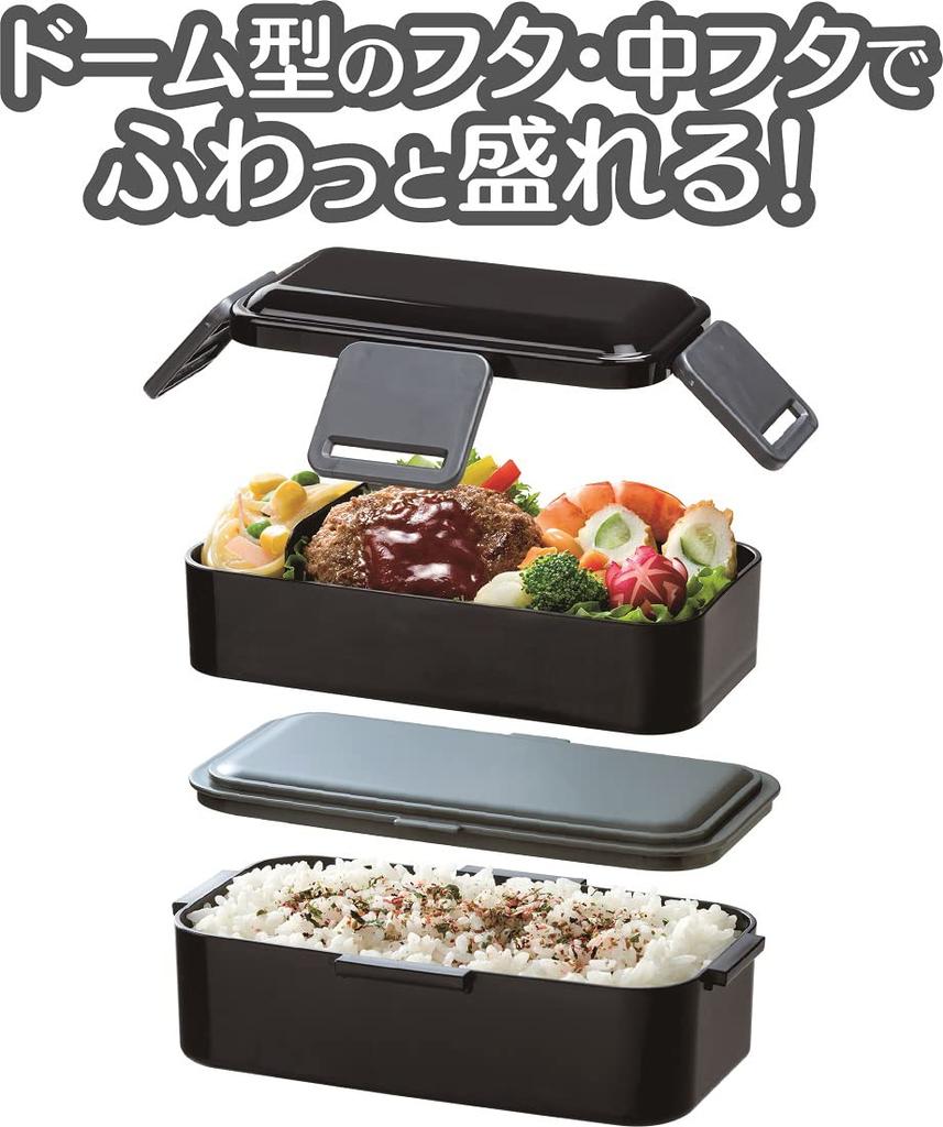 Skater Dishwasher-Safe 2-Tier Fluffy Bento Box, Black, 850ml, with Dome-Shaped Lid and Insulated Bag, Made in Japan (KCPFLW9AG573422)