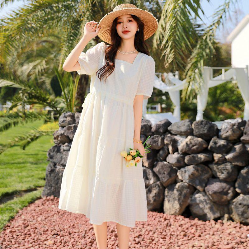 Chiffon Karomuster Kurzarmkleid für junge Mütter und ältere Frauen