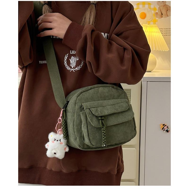 Corduroy Crossbody Bag for Women Casual Shoulder Messenger Bag Small Square Purse with Front Flap Pocket Adjustable Strap Lightweight Daily Handbag