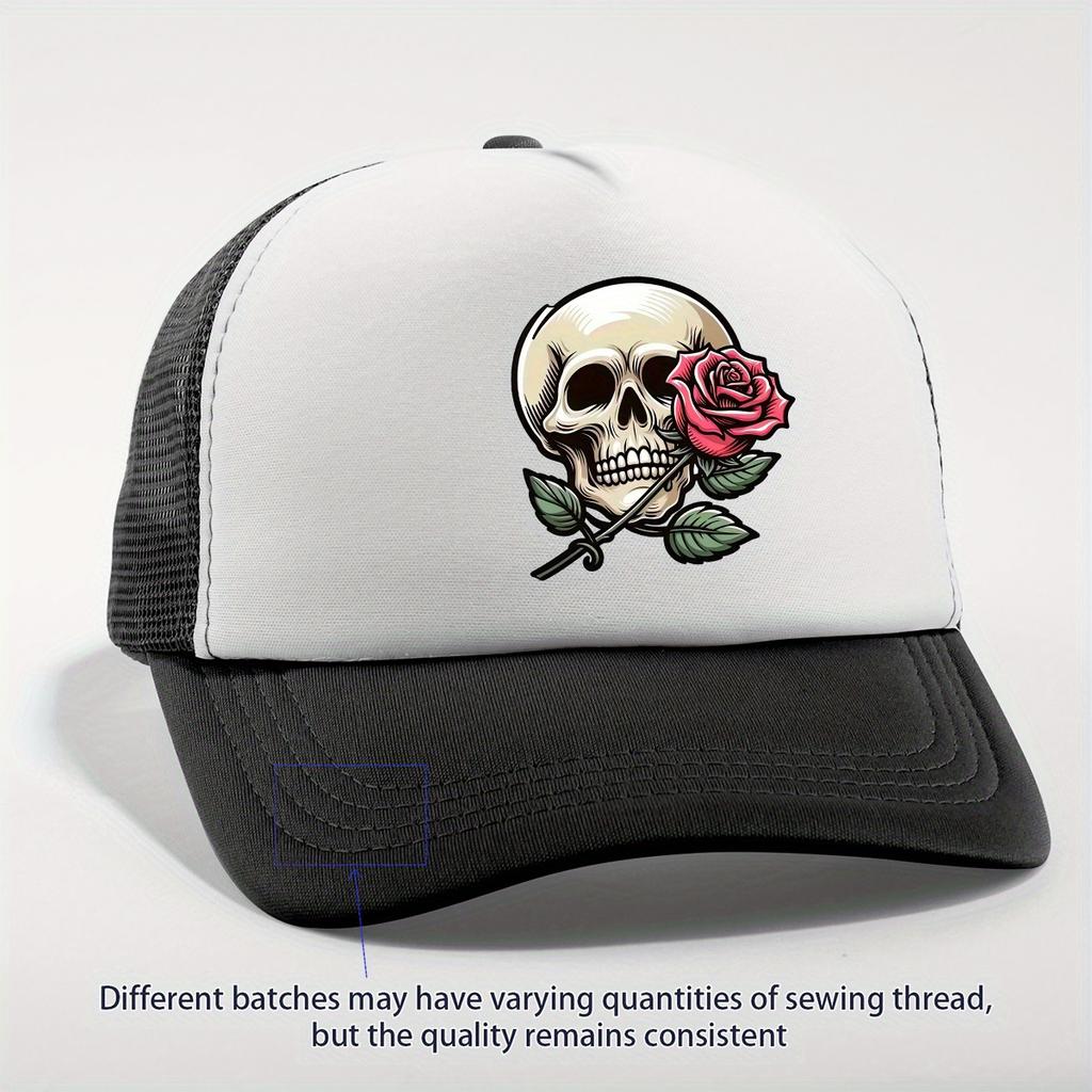 Skull and Rose Print Trucker Hat Polyester Breathable Mesh Casual Unisex Adjustable Cap