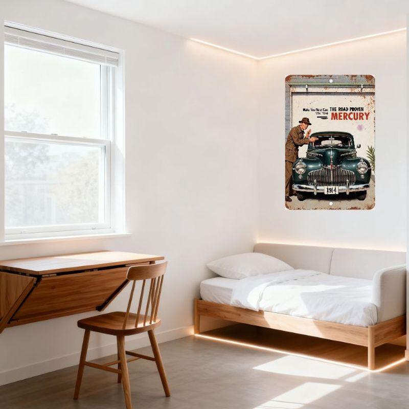 Vintage 1940s Mercury Car Metal Tin Sign with Man Fedora, Garage Door, Rustic Decor for Home Bar Man Cave Wall Art 1944 Retro Ad