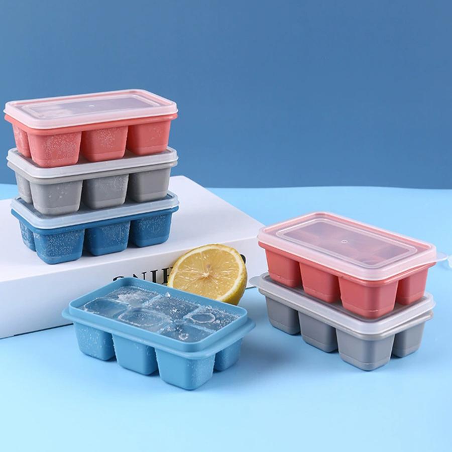 1pc Soft Silicone 6-Grid Ice Tray with Cover Household Homemade Ice Cubes Mold for Bubble Water Beverage Easy to Store Ice Molds