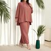 Middle Eastern Plus Size Women's Beaded Loose Two-Piece Set: Pink Stand Collar Top & Wide-Leg Pants
