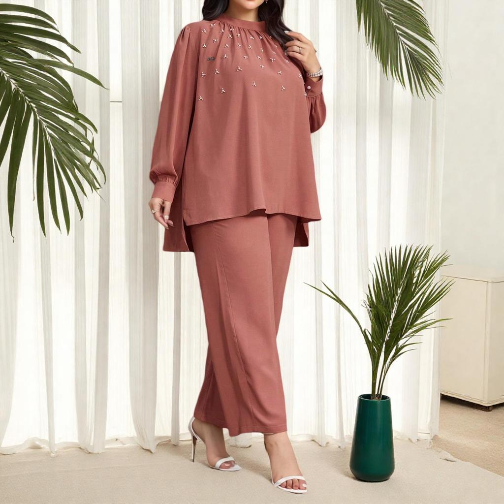 Middle Eastern Plus Size Women's Beaded Loose Two-Piece Set: Pink Stand Collar Top & Wide-Leg Pants