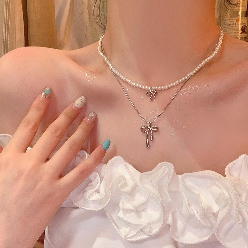 Gentle and Sweet Temperament Double Stacked Bow Necklace Female Niche Pearl Collarbone Chain Neck Chain