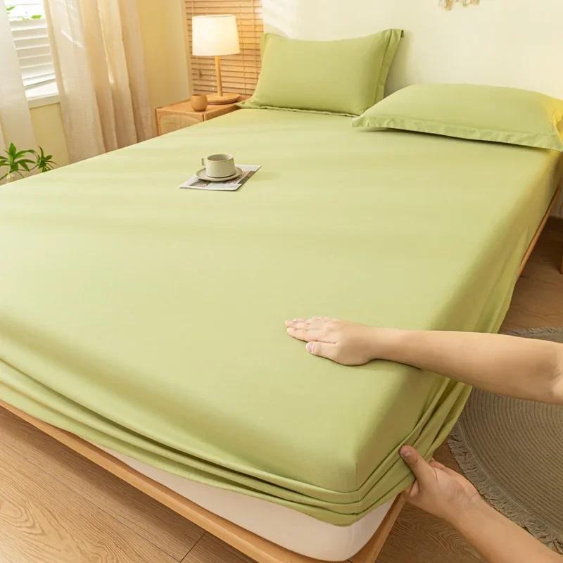 Waterproof Fitted Bedsheet Solid Color Mattress Protector Cover Elastic Bed Sheet Bedroom Bed Protector Cover (No Pillowcase)