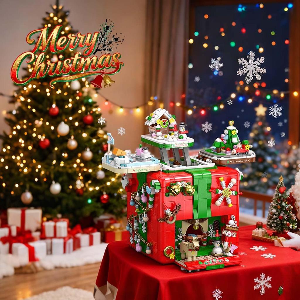 Christmas Gift Surprise Mechanism Box Model Building Block DIY Elk Snowman Bricks Ornament Toys for Children Adult