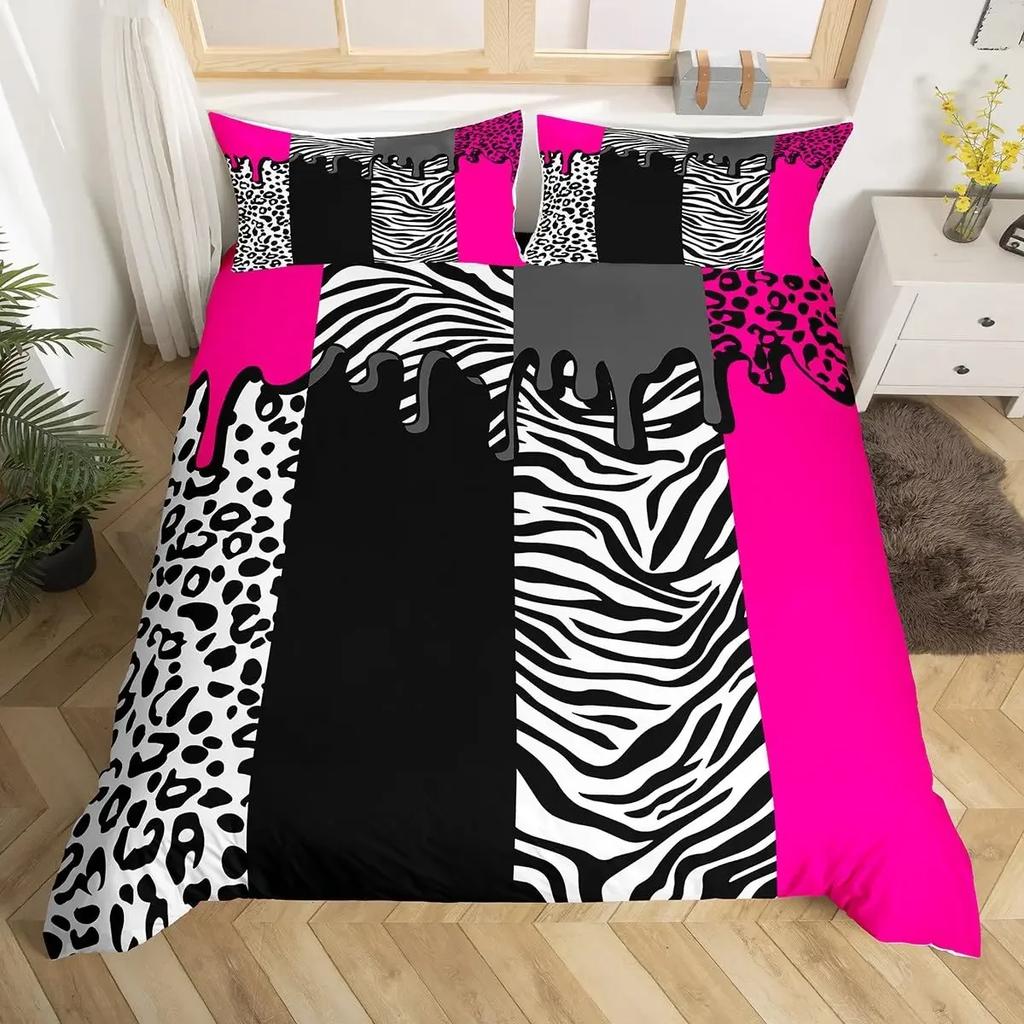 Queen Bedding Set Zebra Stripes Duvet Cover Red Glitter Lips Comforter Cover Girls Women Black White Leopard Print Duvet Set
