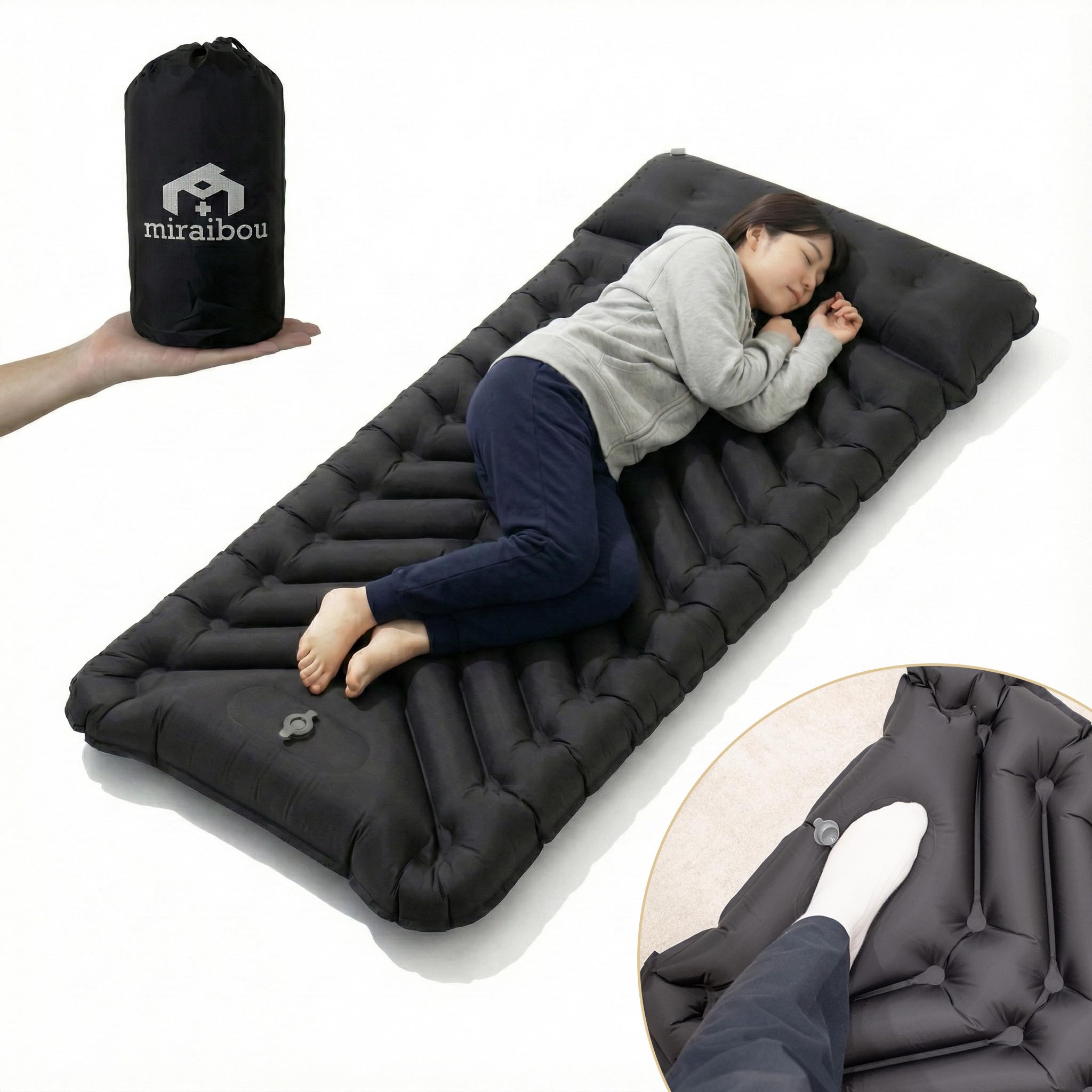 

Надувной матрас с подушкой, односпальный, с ножным насосом (190 x 70 x 10 см), включает сумку для хранения, легкую и компактную надувную кровать, идеально подходит для кемпинга, аут