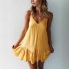 Vestito a sottoveste da donna con scollo a V e bordo arricciato, senza maniche, casual, tinta unita, mini abito