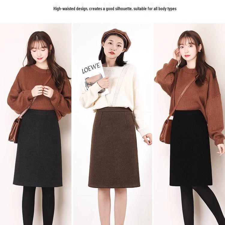 High-Waisted Woolen A-Line Midi Skirt: Simple, Slimming, Versatile, Wrinkle-Resistant with Back Slit, Perfect for Autumn and Winter.