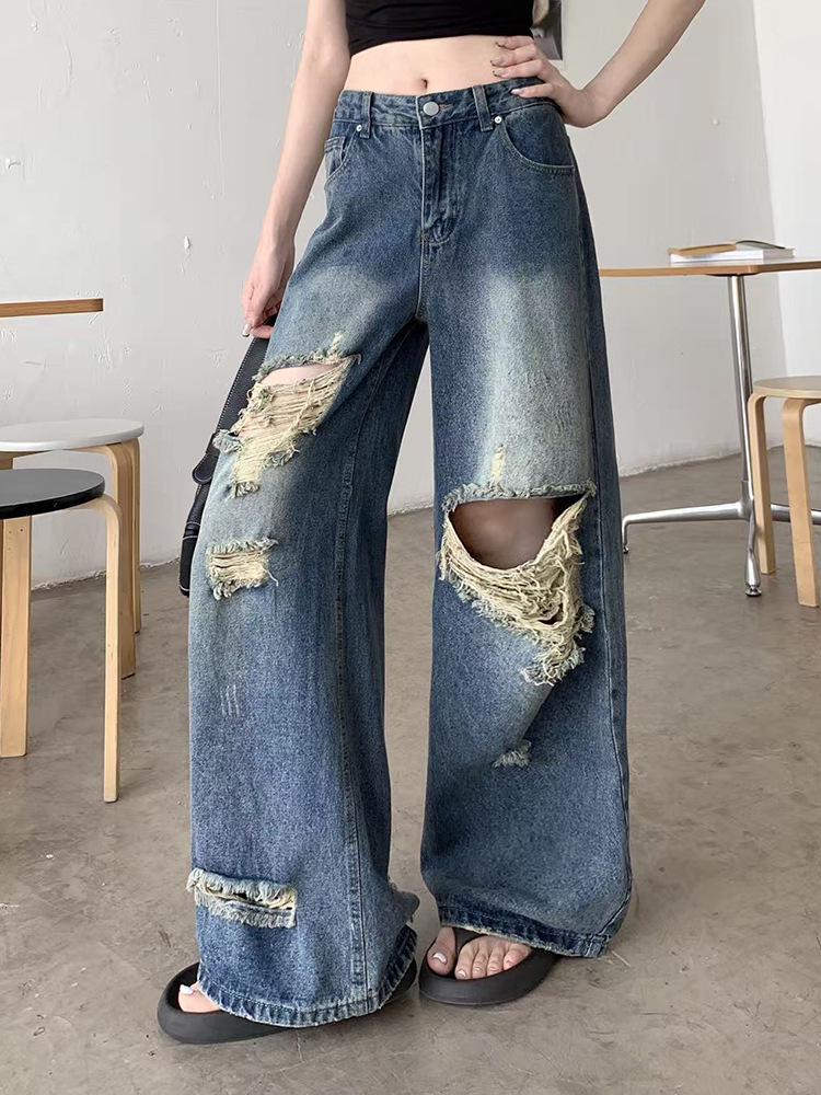 Women's High Waist Retro Wide Leg Ripped Jeans - Summer Floor-Length