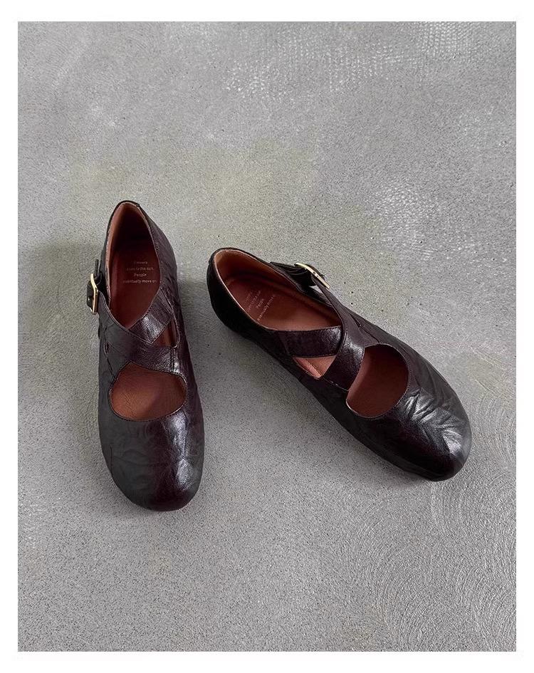 Soft Leather Round Head Cross Strap Ballet Single Shoes French Flats Black Small Leather Shoes Retro Mary Jane Shoes Women's