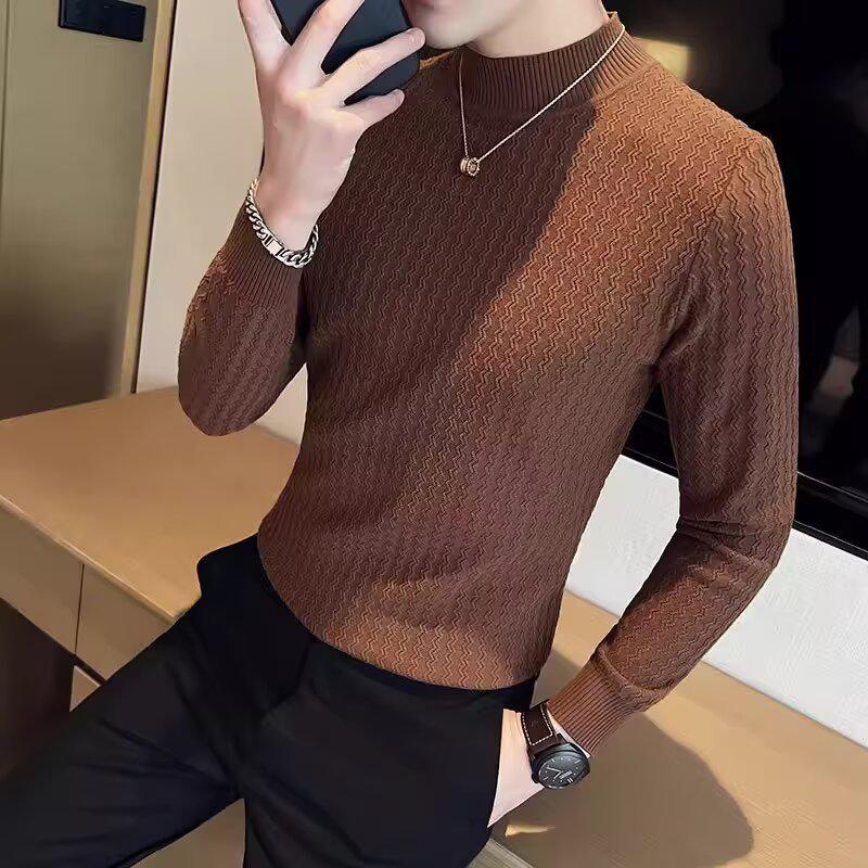 

Men s Slim Fit Dark Floral Knit Sweater - Autumn/Winter 2025 Korean Style Half-High Neck Casual Base Layer XXXL кавовий