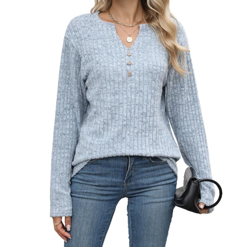 New Autumn and Winter V-neck Button Loose Long-sleeved Strip Stretch Solid Color T-shirt Top for Women