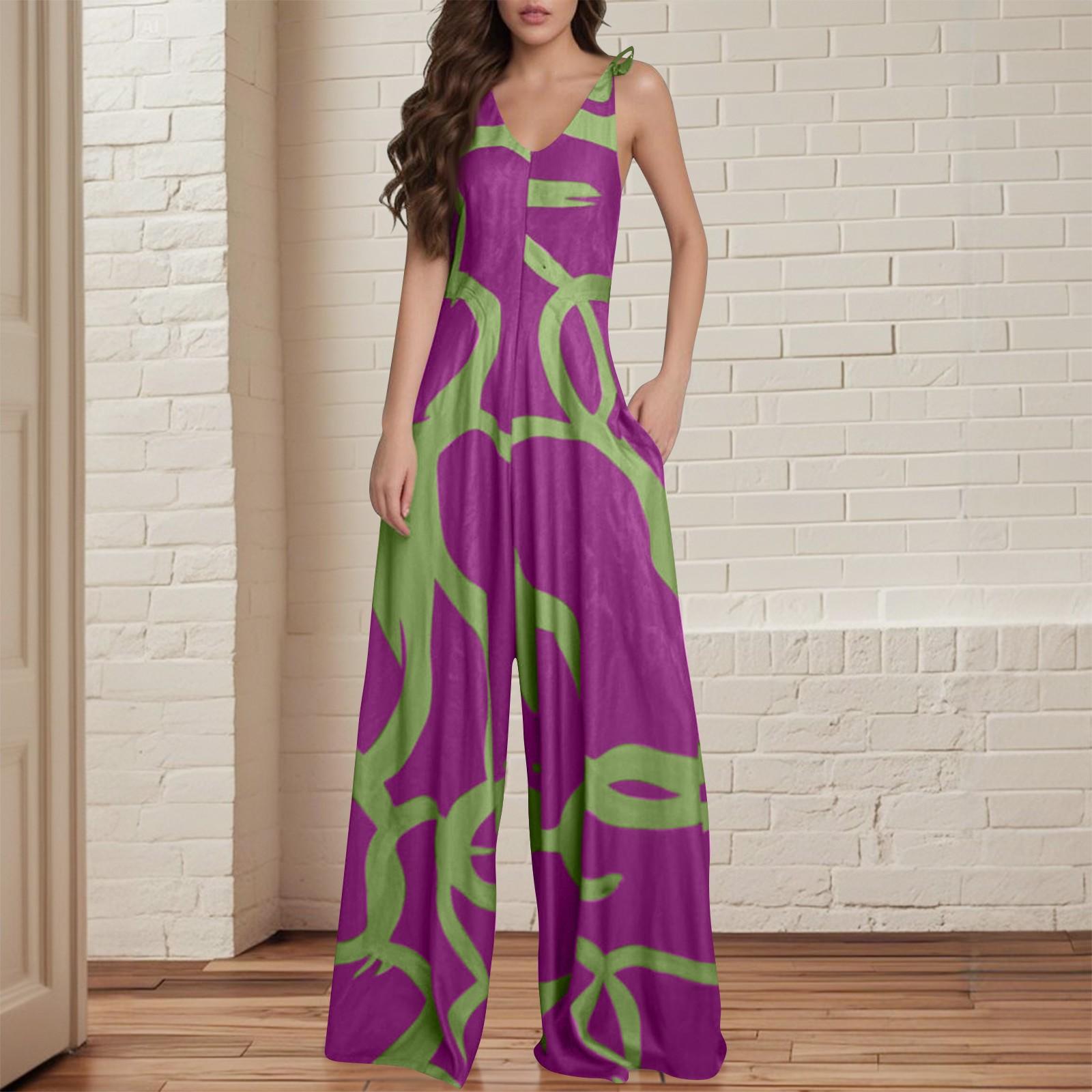 

Женский европейский и американский принтованный комбинезон на шнуровке с V-образным вырезом и карманами, широкий комбинезон XL фиолетовый