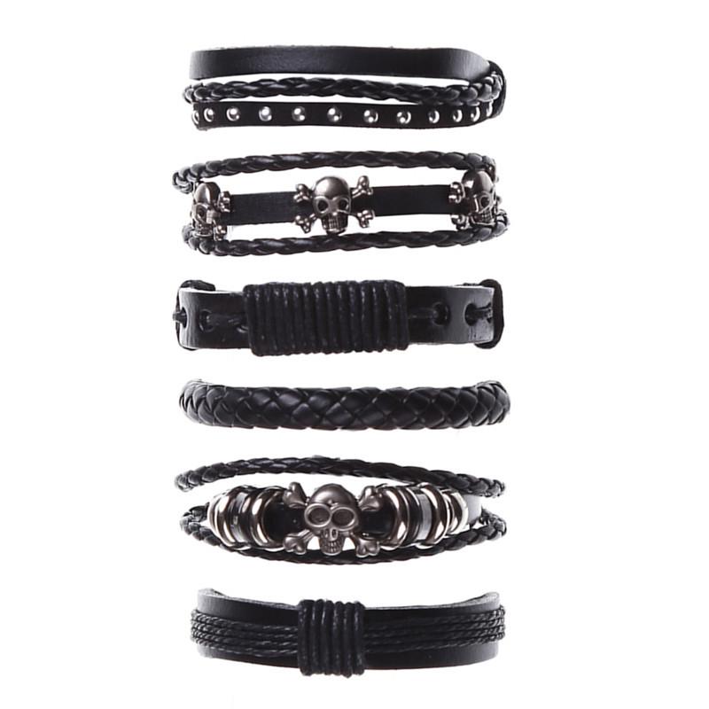 Punk 6-Piece Genuine Leather Multi-Layer Bracelet Set