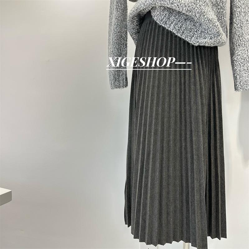 

Женская шерстяная юбка А-силуэта средней длины с высокой талией, складками и эластичным поясом на осень/зиму XS серый