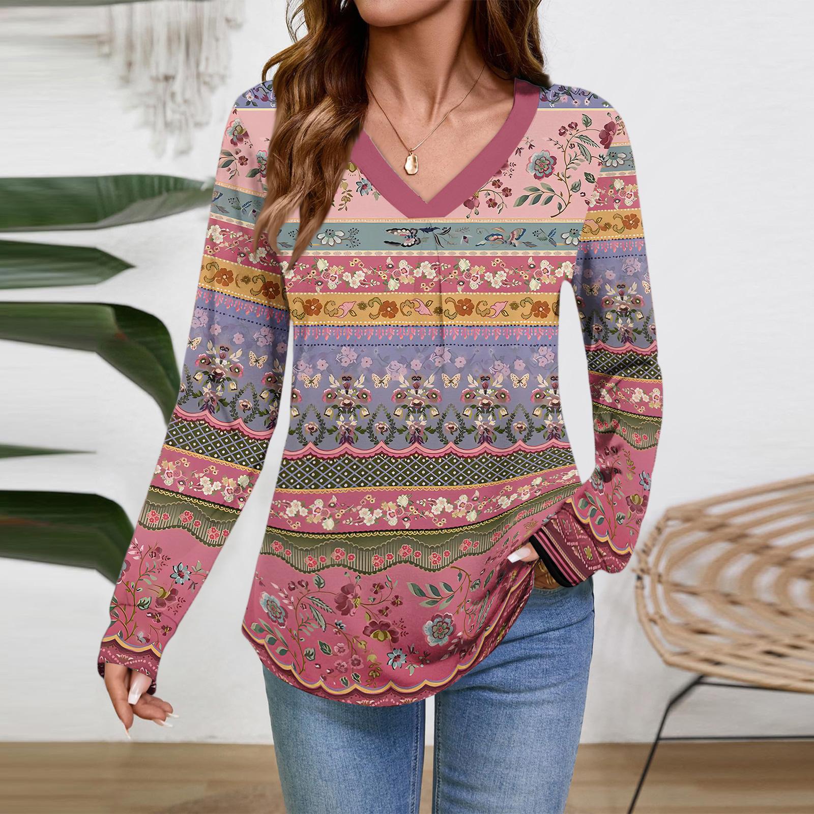 

Женские топы с длинным рукавом, нарядные повседневные футболки с V-образным вырезом, базовые футболки, одежда для отпуска, осенняя модная одежда M розовый