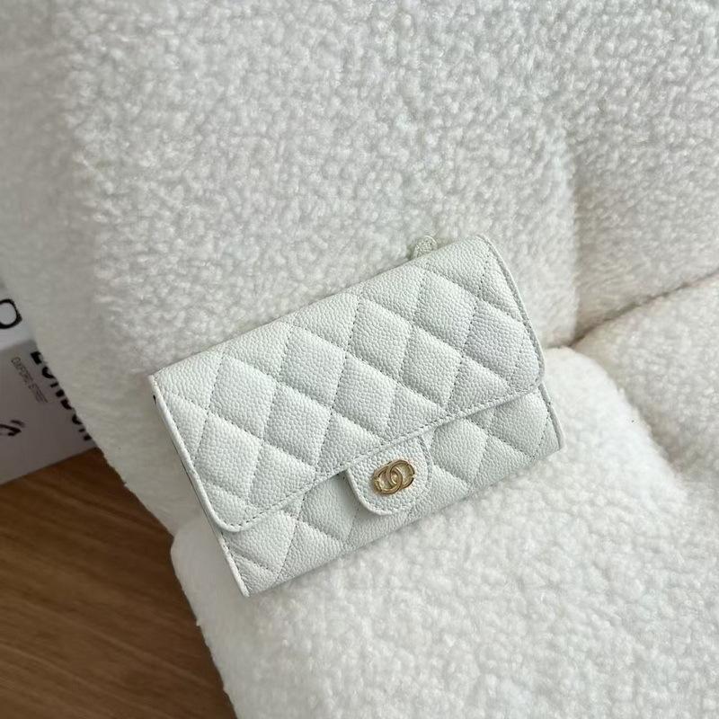 2026 New Caviar Patterned Cowhide Long Three Fold Wallet Hand-held Bag Chain Strap Crossbody Genuine Leather Women's