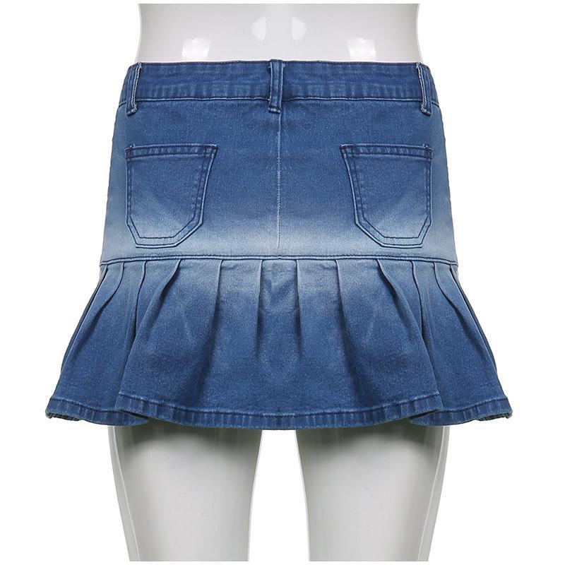 Fashion Denim Pleated Skirt Women High Waist Button Zipper Pocket Ruffle A-line Sexy Mini Skirts Female 2025 Spring Summer Lady Skirt
