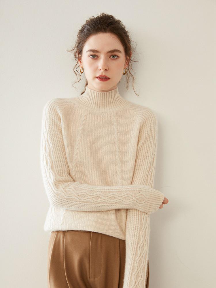 Cozy Cashmere Semi-High Neck Sweater: Slim Fit, Long Sleeve, Short, Loose Pullover - Perfect for Autumn/Winter