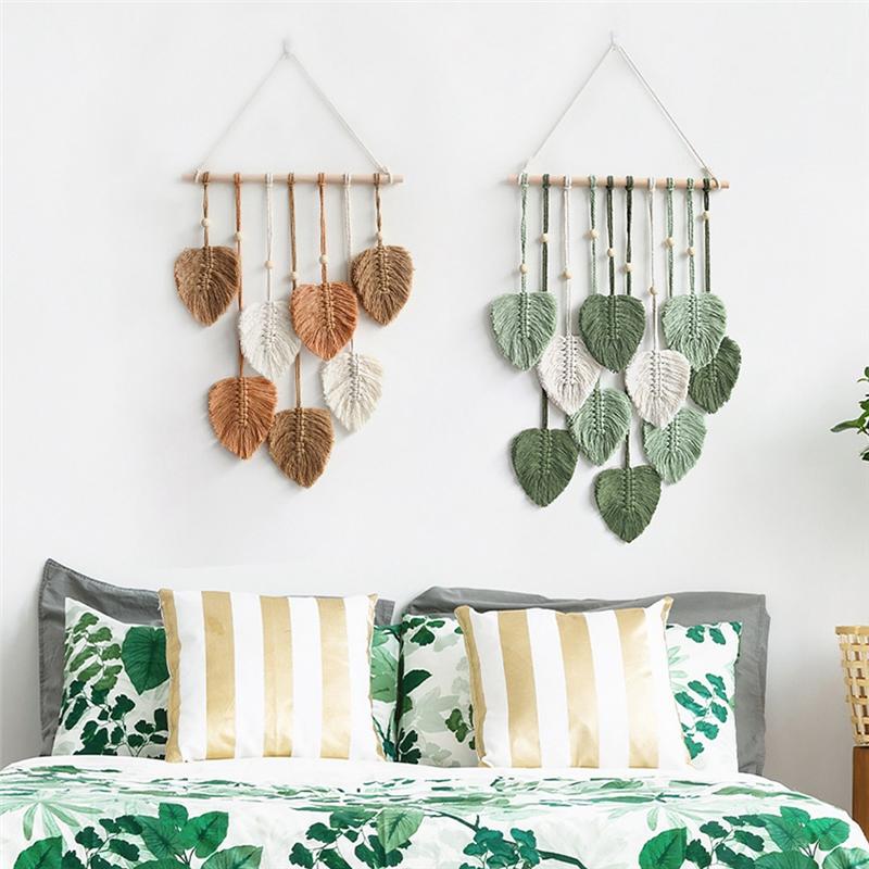 Blatt Makramee Wandbehang Boho Zimmer Heimdekoration Gewebte Ästhetische Wandtapisserie Wohnzimmer Hochzeitsdekoration Grün
