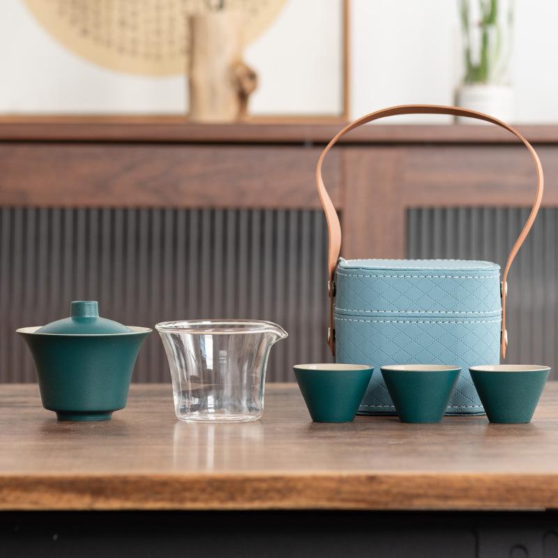 Light Luxury Travel Tea Set Cover Bowl Kuaike Three Cups Outdoor Portable Handbag High-end Ceramic Glass Tea Maker Gift