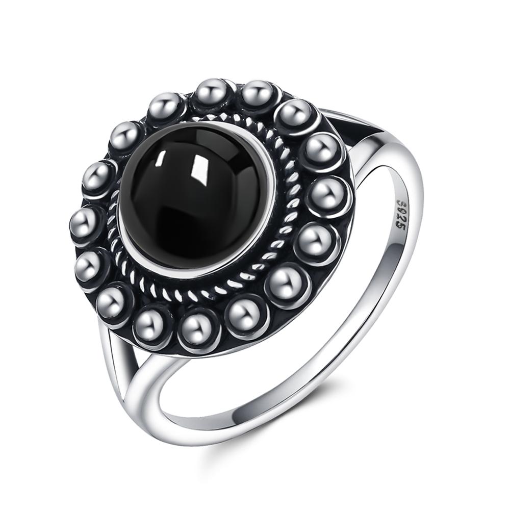 Vintage 925 Sterling Silver Ring Natural Black Onyx Ring Oval Round Stone Retro Fine Jewelry Gift Sun Shaped For Women Men