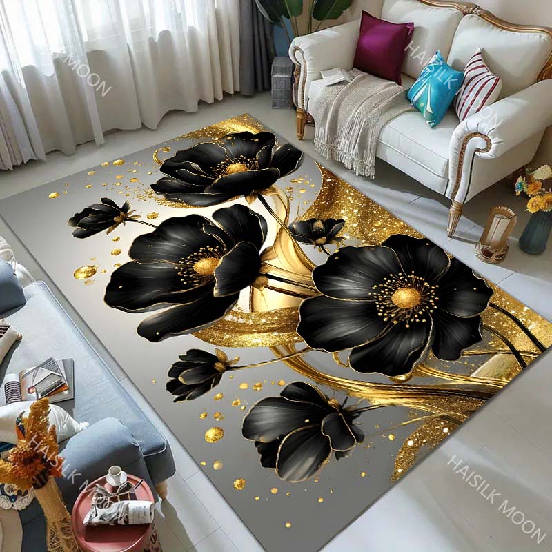 Beautiful Golden Flowers Carpet for Living Room Bedroom Bedside Floor Mat Sofa Table Area Rugs Home Decor Large Size