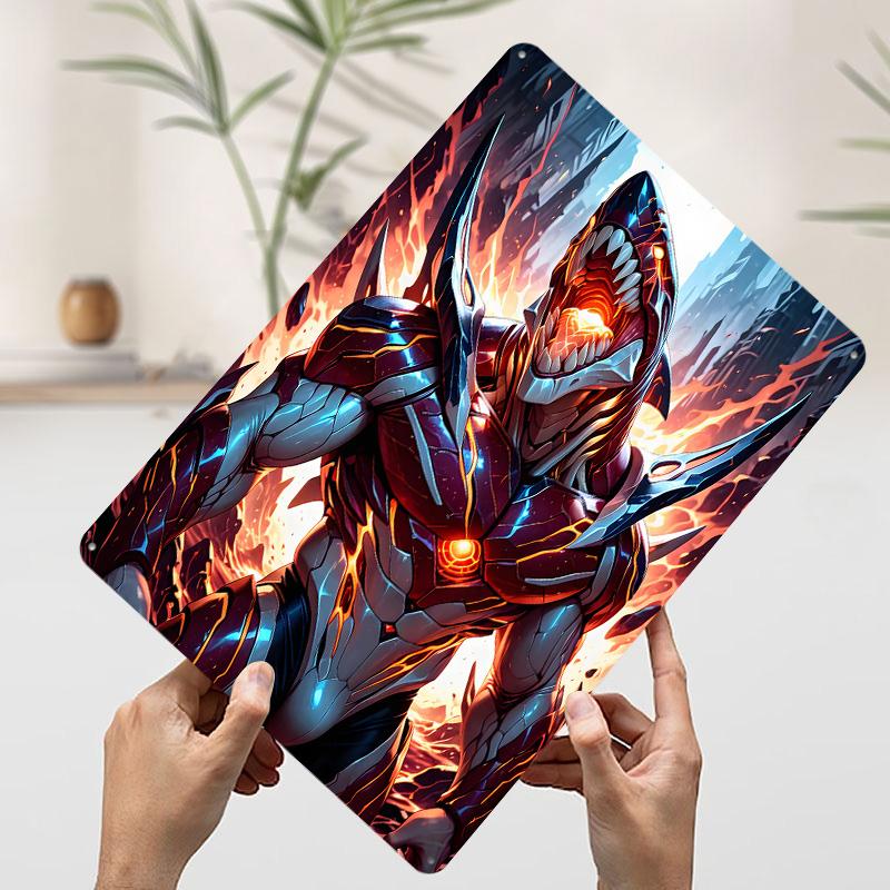Cybernetic Shark Warrior in Fiery Cityscape Tinplate Poster Customized Wall Art Vintage Retro Metal Signs for Office Decor Room
