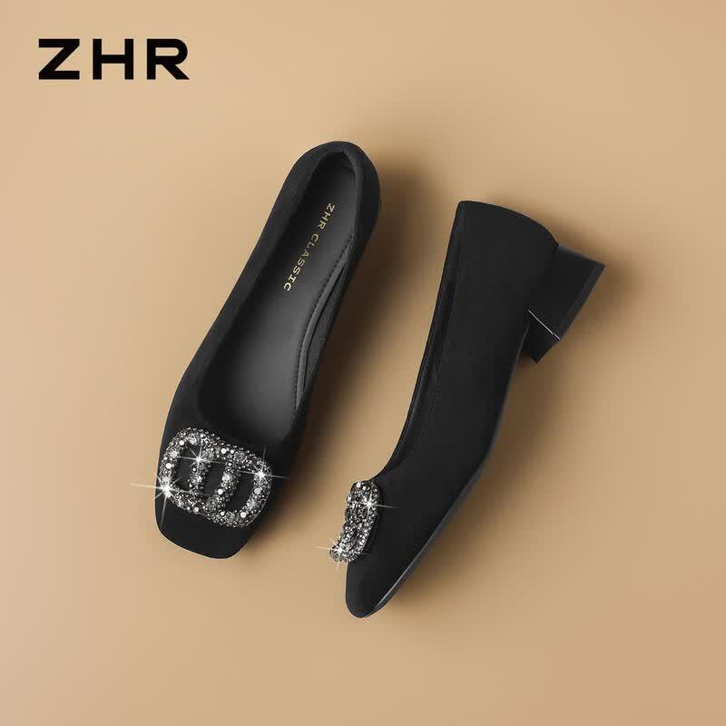 ZHR Women's Rhinestone Buckle Low-Cut Chunky Heel Slip-On Pumps K509