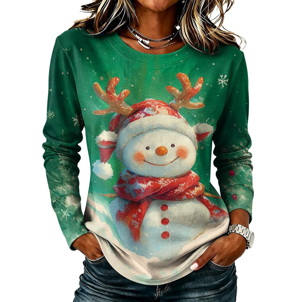 Women's Stylish Casual Christmas Print Long Sleeve Neck Top for Winter Holiday