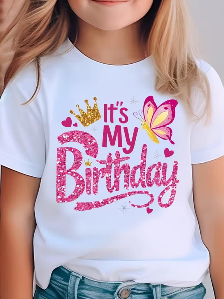 Girl Clothes Birthday Princess Printed Girls T-Shirt Happy Birthday Girl Party Outfit Tops Kids Short Sleeve Tshirt Kids Clothes