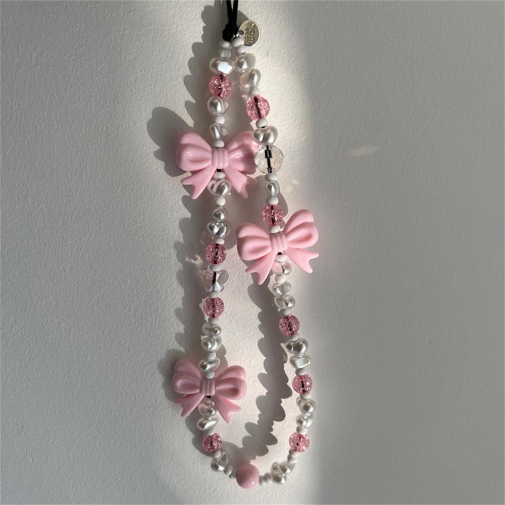 

Sweet Pink Bowknot Pearl Beaded Phone Charm Strap Pendant For iPhone Samsung Accessrioes Chain Lanyard Woman Jewelry Hanging