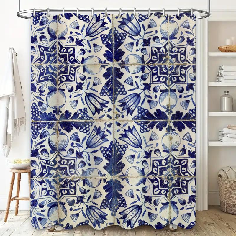 Vintage Blue White Floral Shower Curtain Polyester Fabric Waterproof Bathroom Decor Home Kitchen Decoration