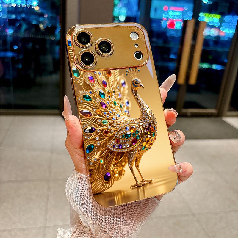 Jeweled Peacock Electroplated Golden Phone Case For iPhone 17Air 17 16 15 14 13 12 11 Pro Max Plus 16E XR 7 8 Xs X Glass Cover