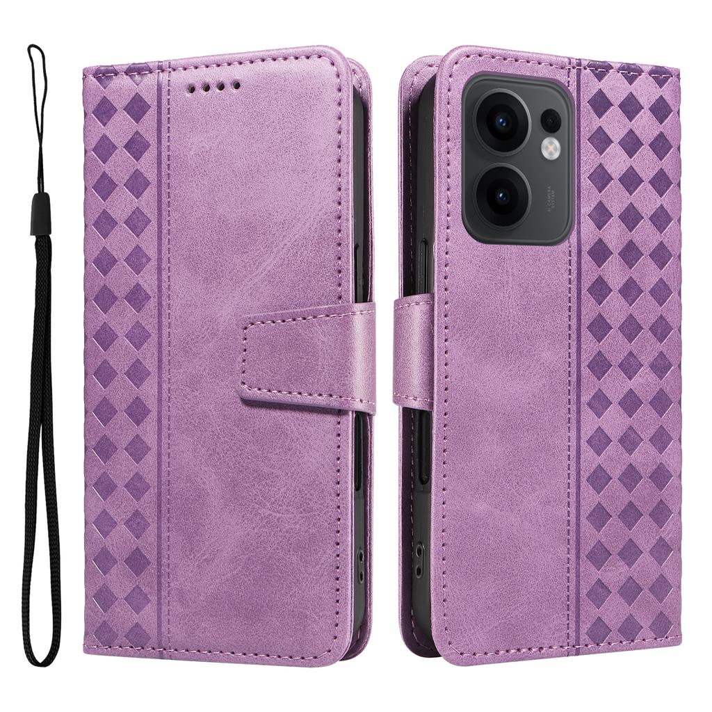 For Oppo Reno13 F 4G/Oppo Reno13 F 5G Leather Case Wallet Stand Grids Imprinted Phone Cover with Strap