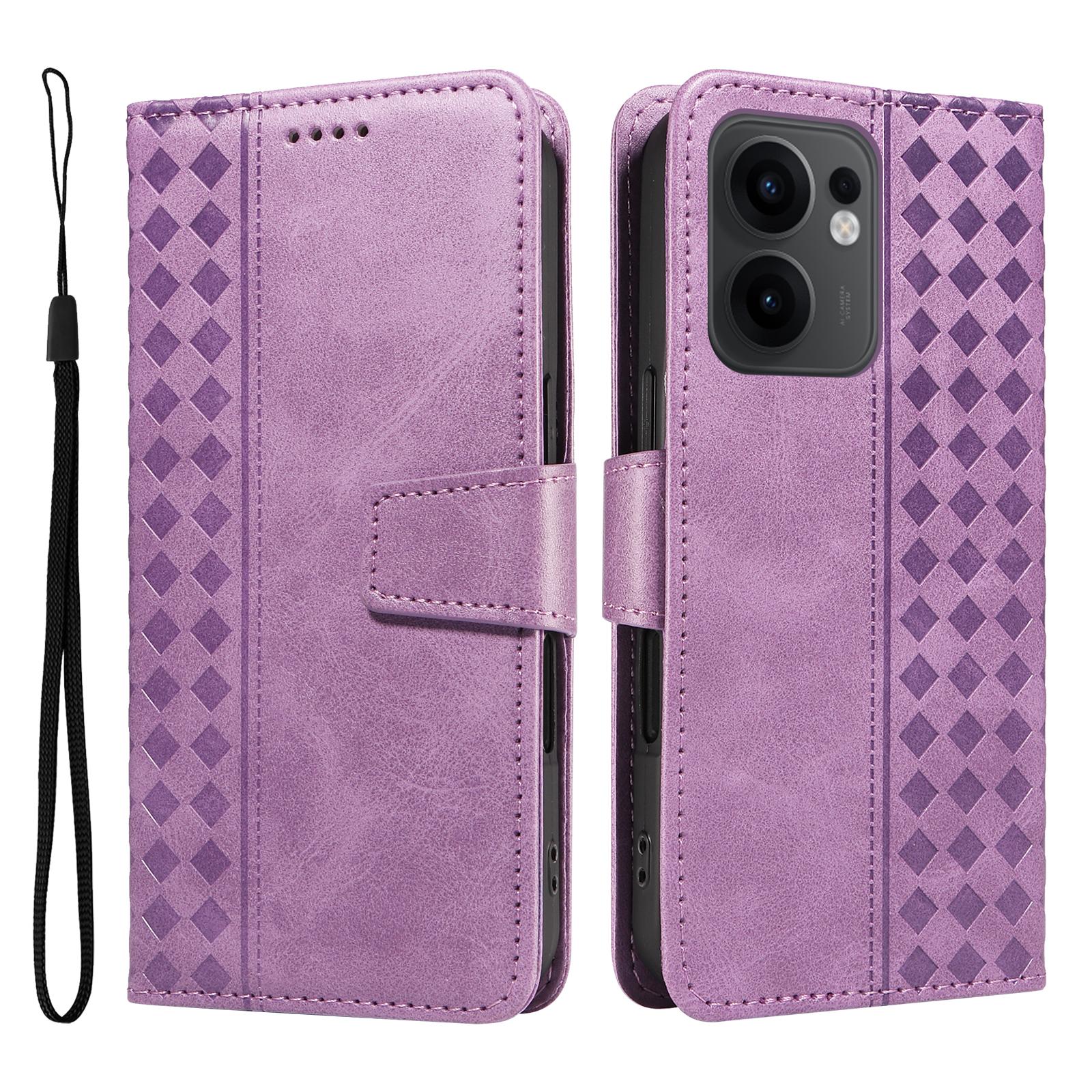 

For Oppo Reno13 F 4G/Oppo Reno13 F 5G Leather Case Wallet Stand Grids Imprinted Phone Cover with Strap Light Purple