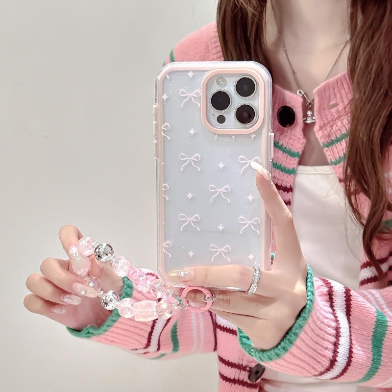 Korean-style pink glitter bow chain case suitable for iPhone 17 Pro Max, Apple 16, 15, 14 for women, trendy
