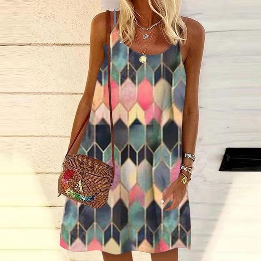 Women's Fashion Retro Multicolor Printed Loose Pullover Suspender Dress