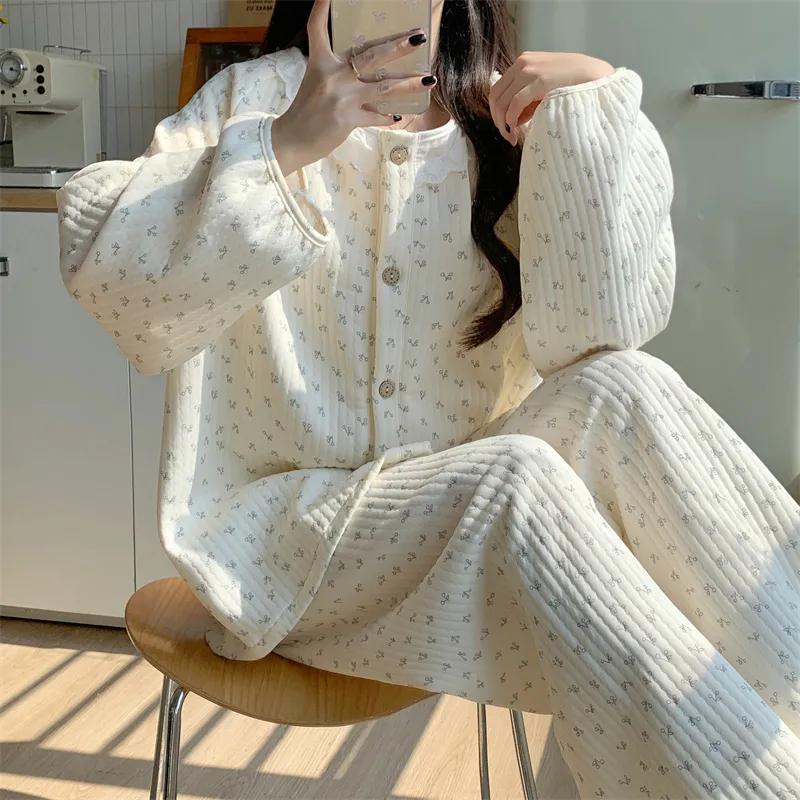 Ropa de dormir floral para mujer, conjuntos de pijama, conjunto de pantalones de pijama de invierno, 2 piezas, bonitos trajes de dormir de encaje, cálido traje de casa para dormir